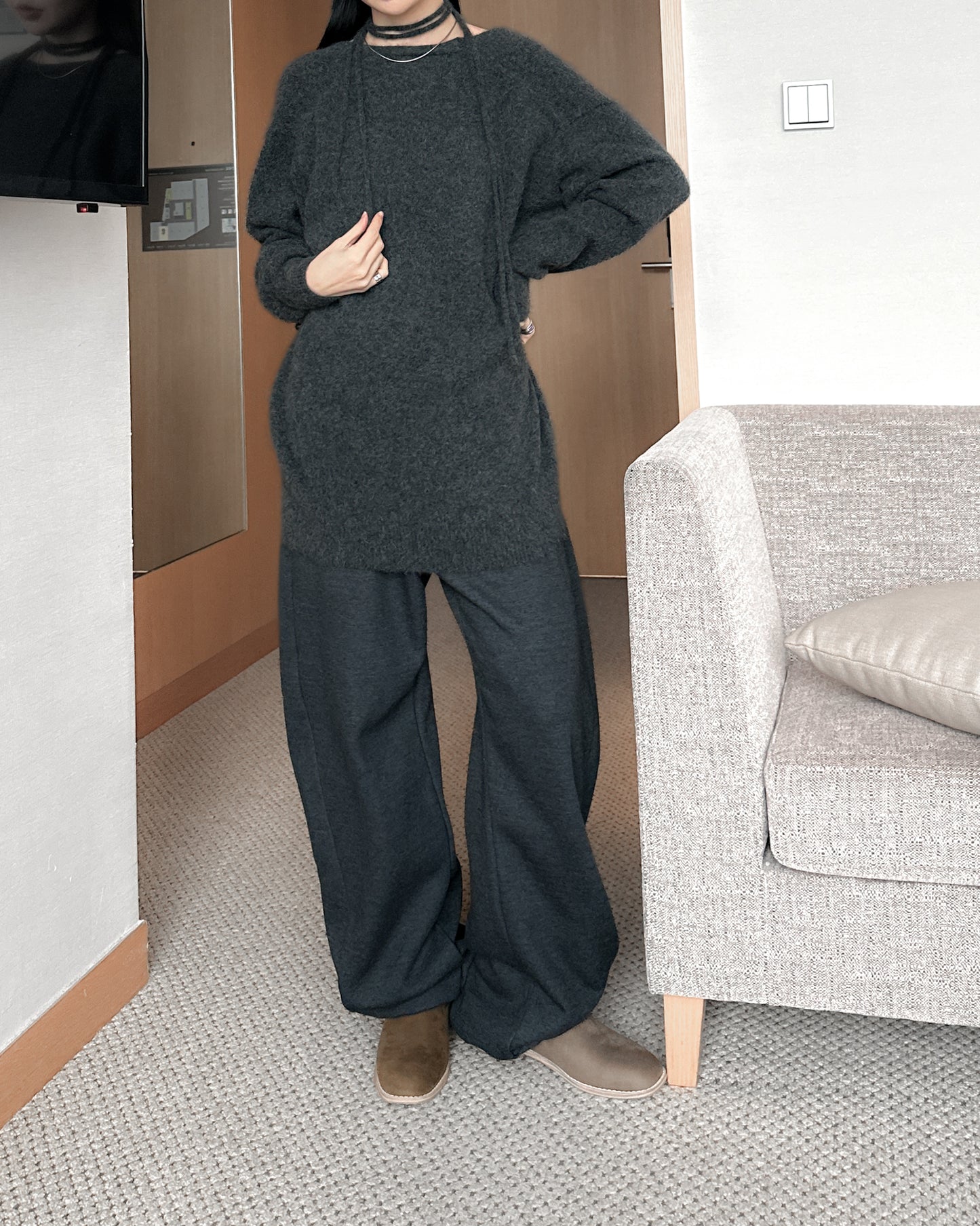 內舖棉舒適棉褲 - 深灰色