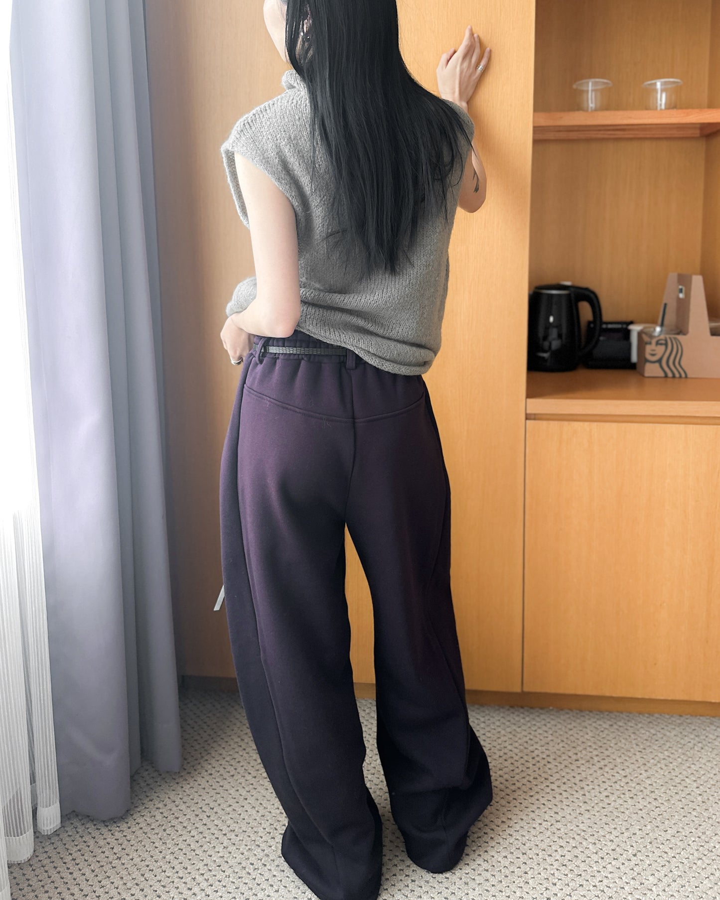 透薄羊毛背心連外套套裝 - 卡其色