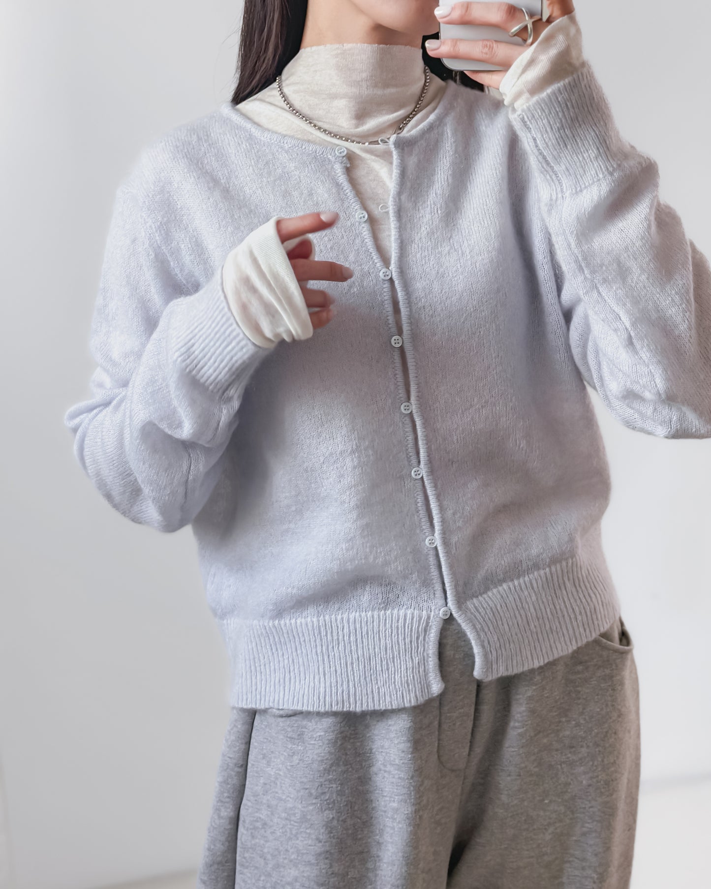 海馬毛混紡圓領薄外套 淺藍色