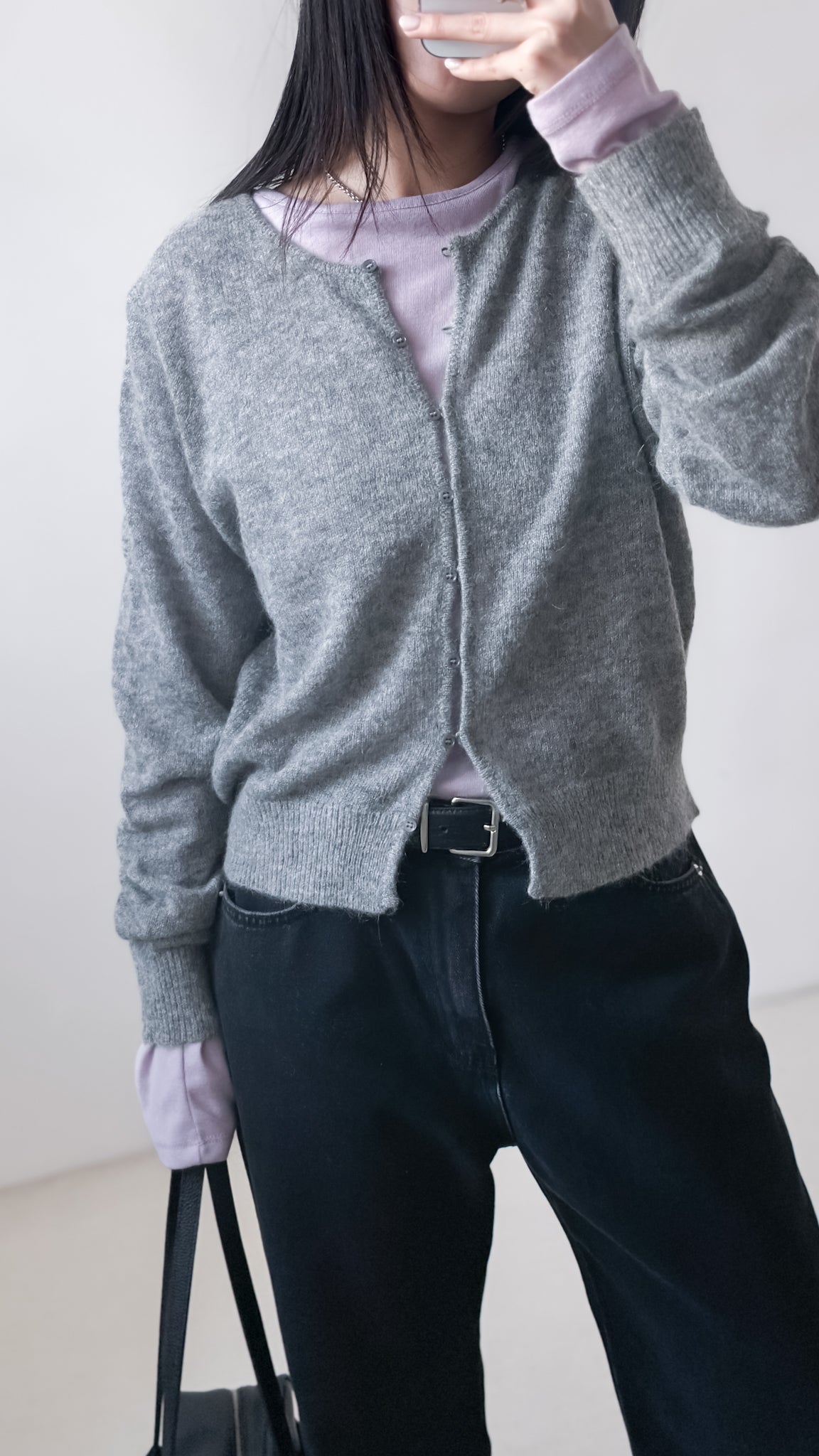 海馬毛混紡圓領薄外套 淺灰色