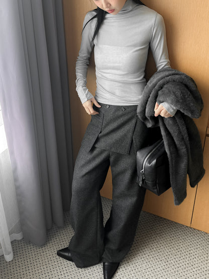 (可拆式裙片)薄羊毛直筒長褲 - 深灰色