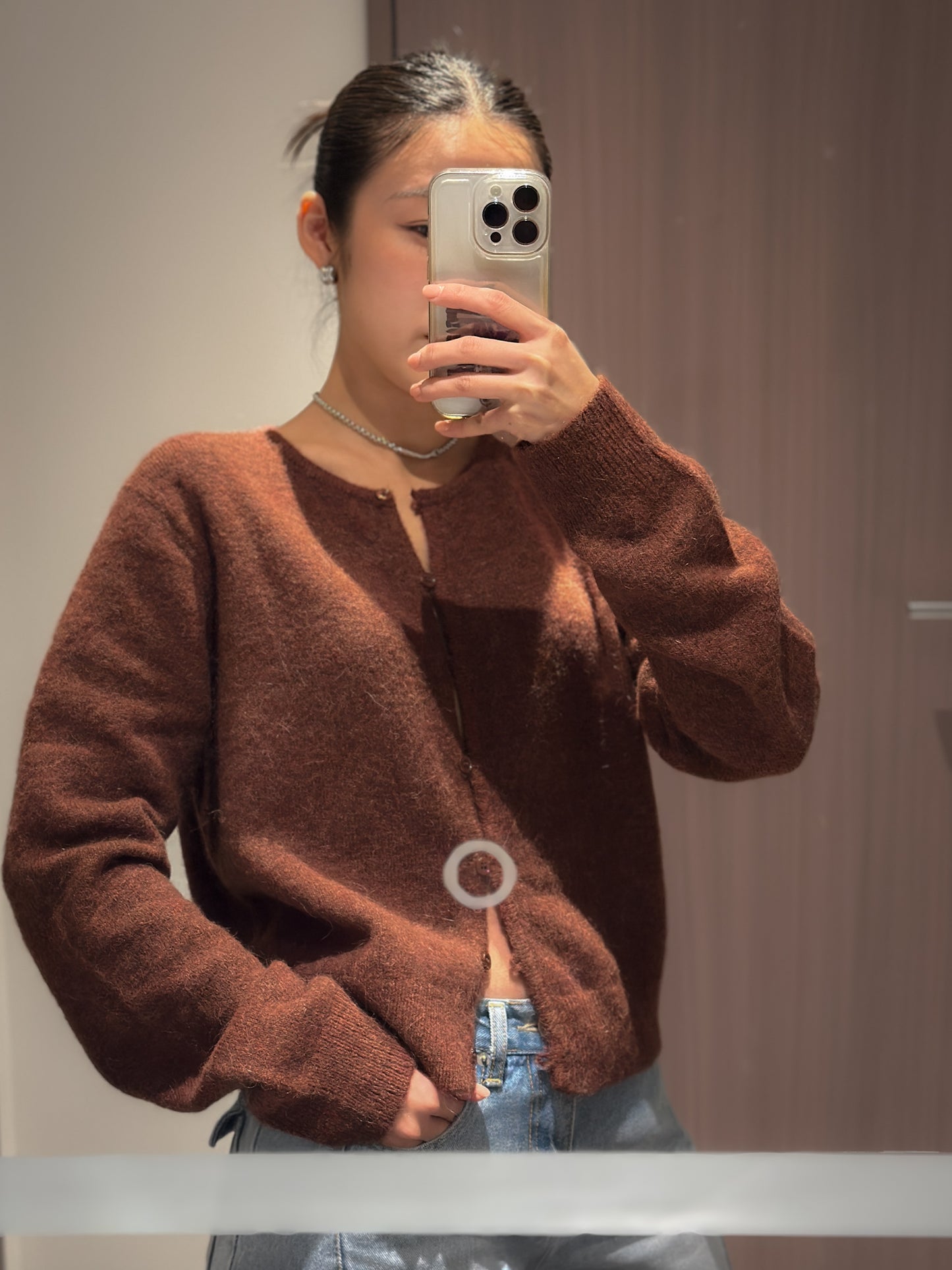 浣熊混紡冷繩圈鈕扣外套 棕紅色