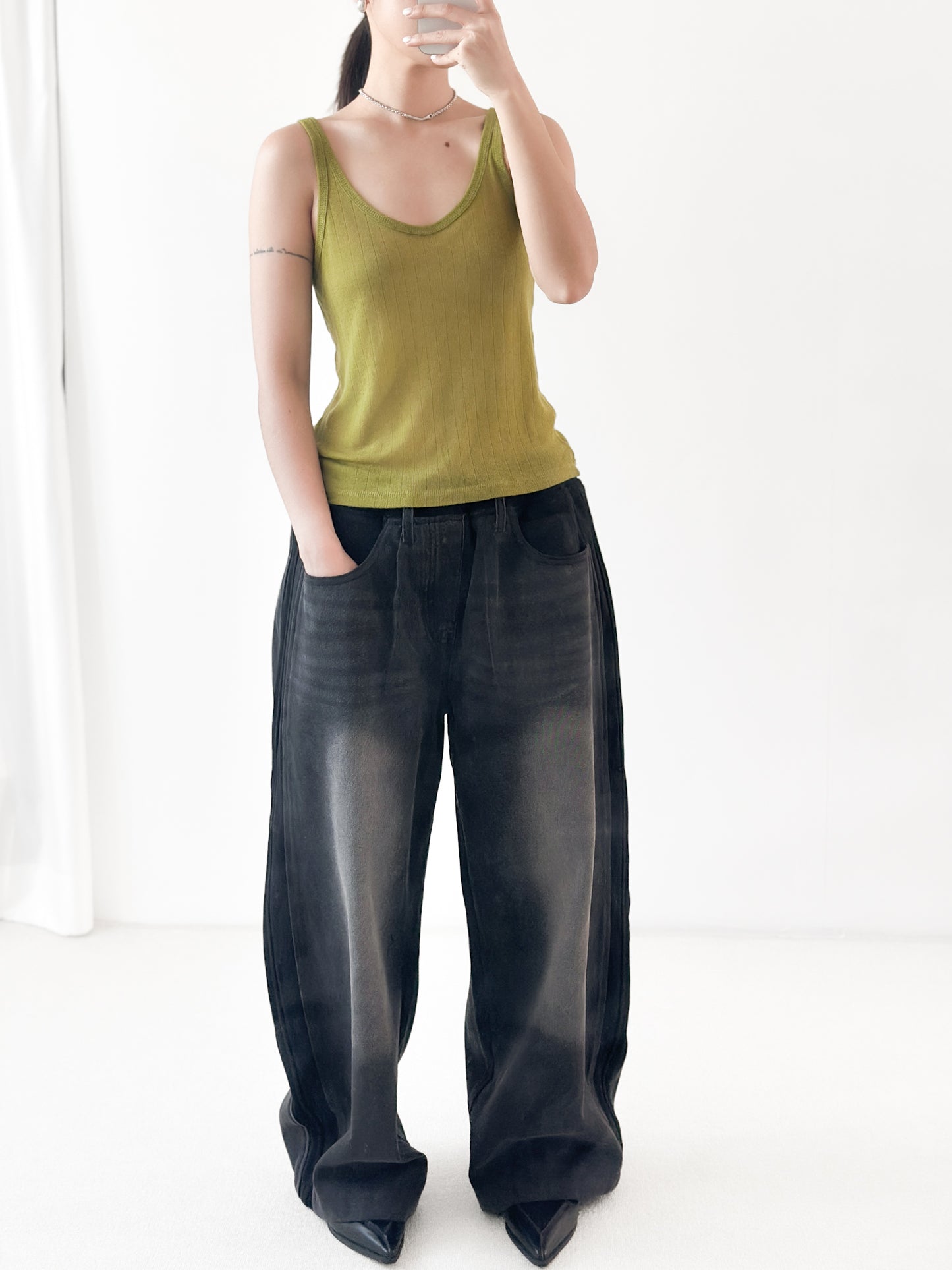 純棉拼布弧形牛仔褲