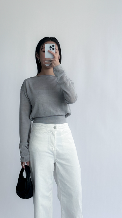 一字領束腰薄冷衫 - 黑色