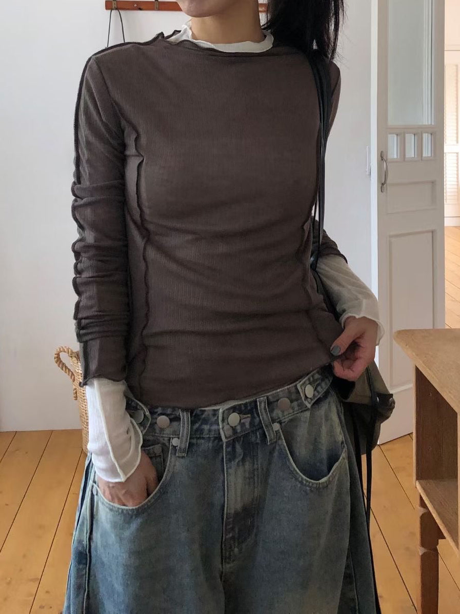 捲邊車線修腰上衣 啡色