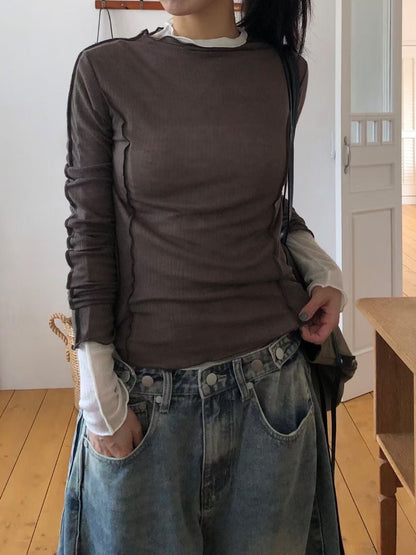 捲邊車線修腰上衣 啡色