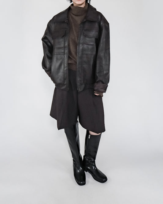 Unisex 雙拉鍊仿皮外套 - 深啡色