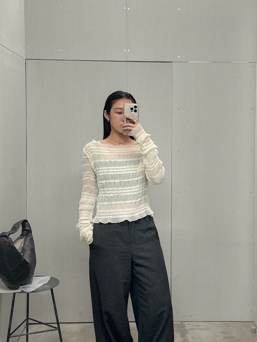 內外搭兩穿平領細褶上衣 米白色