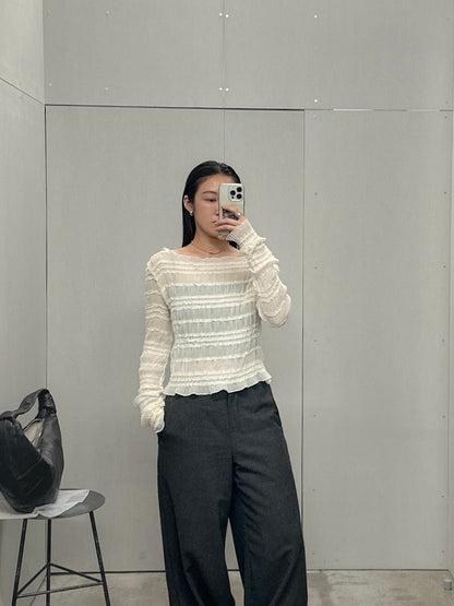 內外搭兩穿平領細褶上衣 米白色