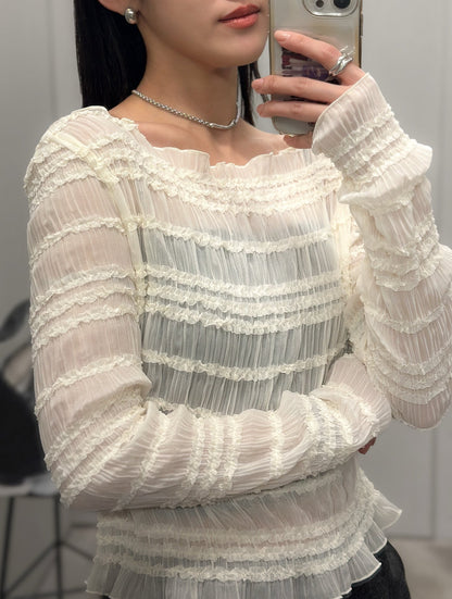 內外搭兩穿平領細褶上衣 米白色