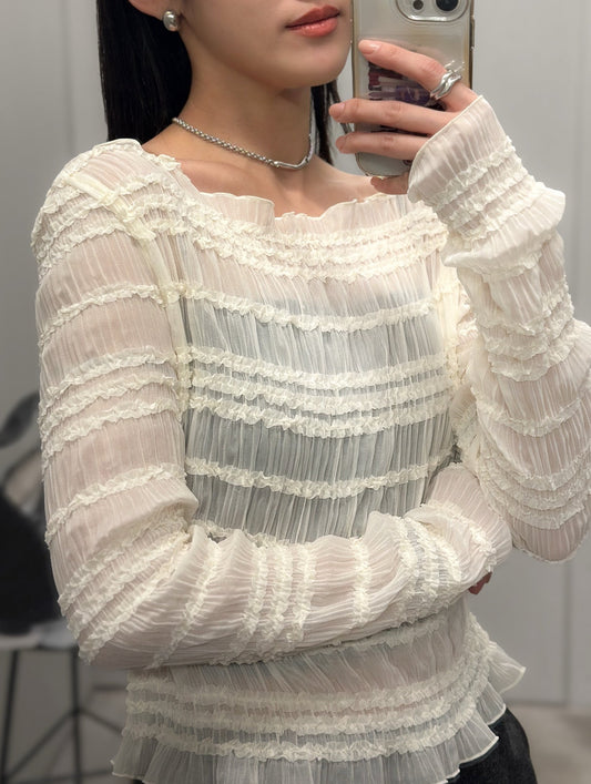 內外搭兩穿平領細褶上衣 米白色