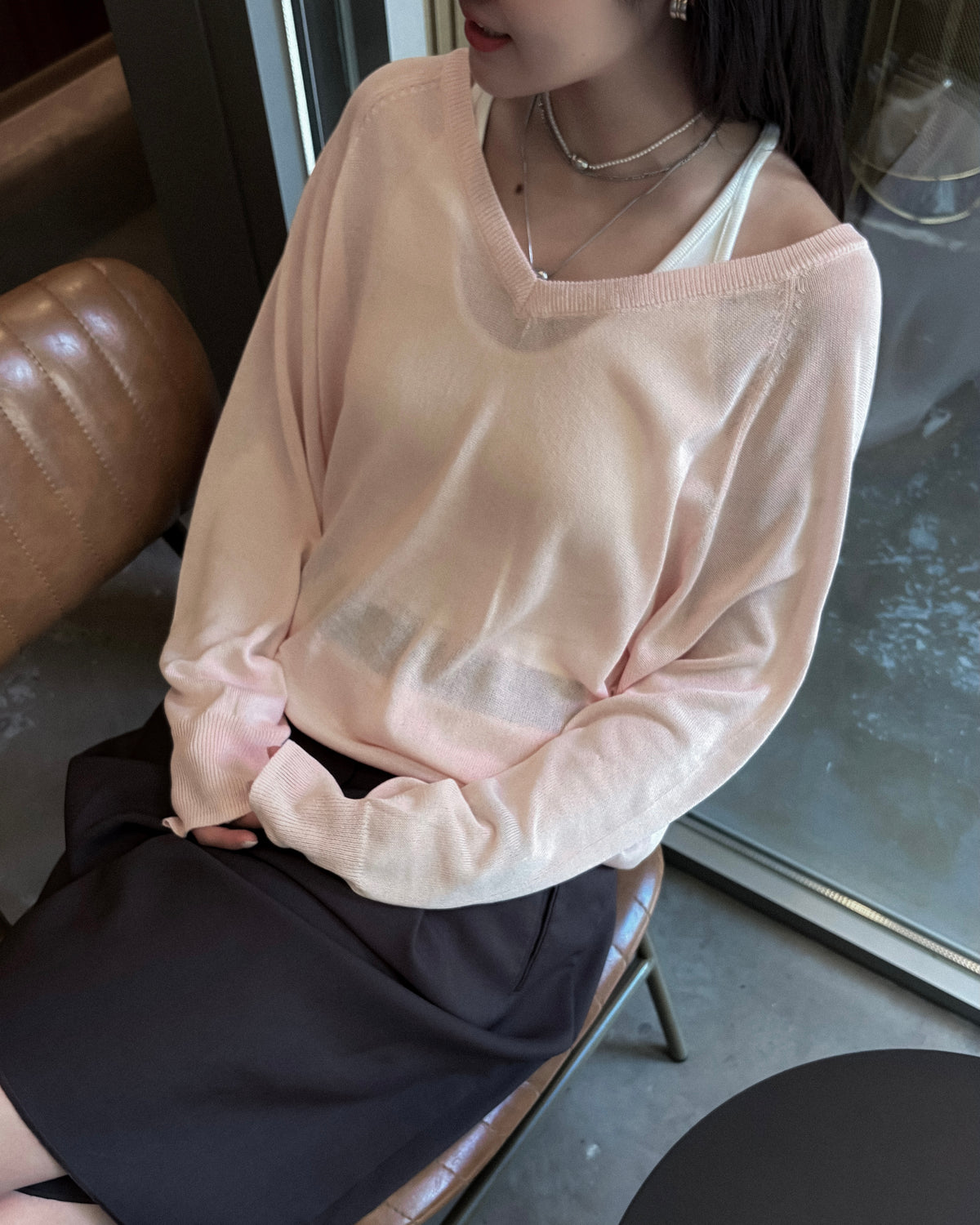 透膚V領線織上衣 - 粉紅色