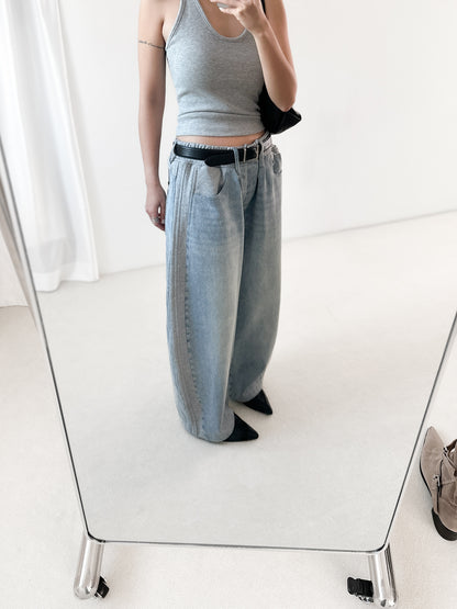 純棉拼布弧形牛仔褲