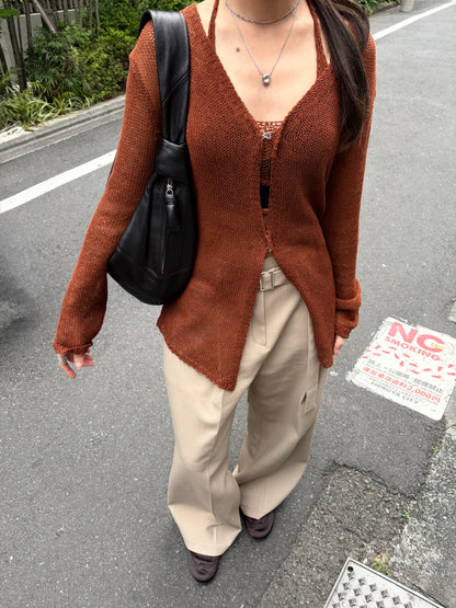 配腰帶打褶長褲 - 杏色