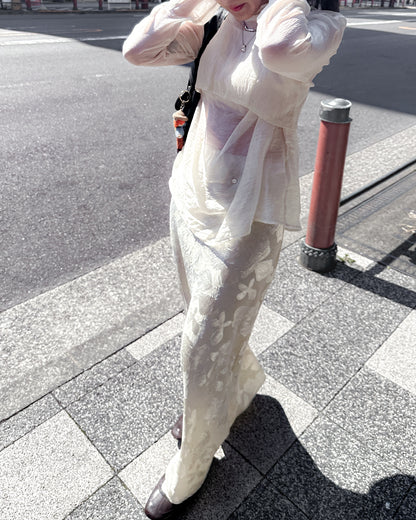 光澤暗花魚尾裙 - 淡黃色
