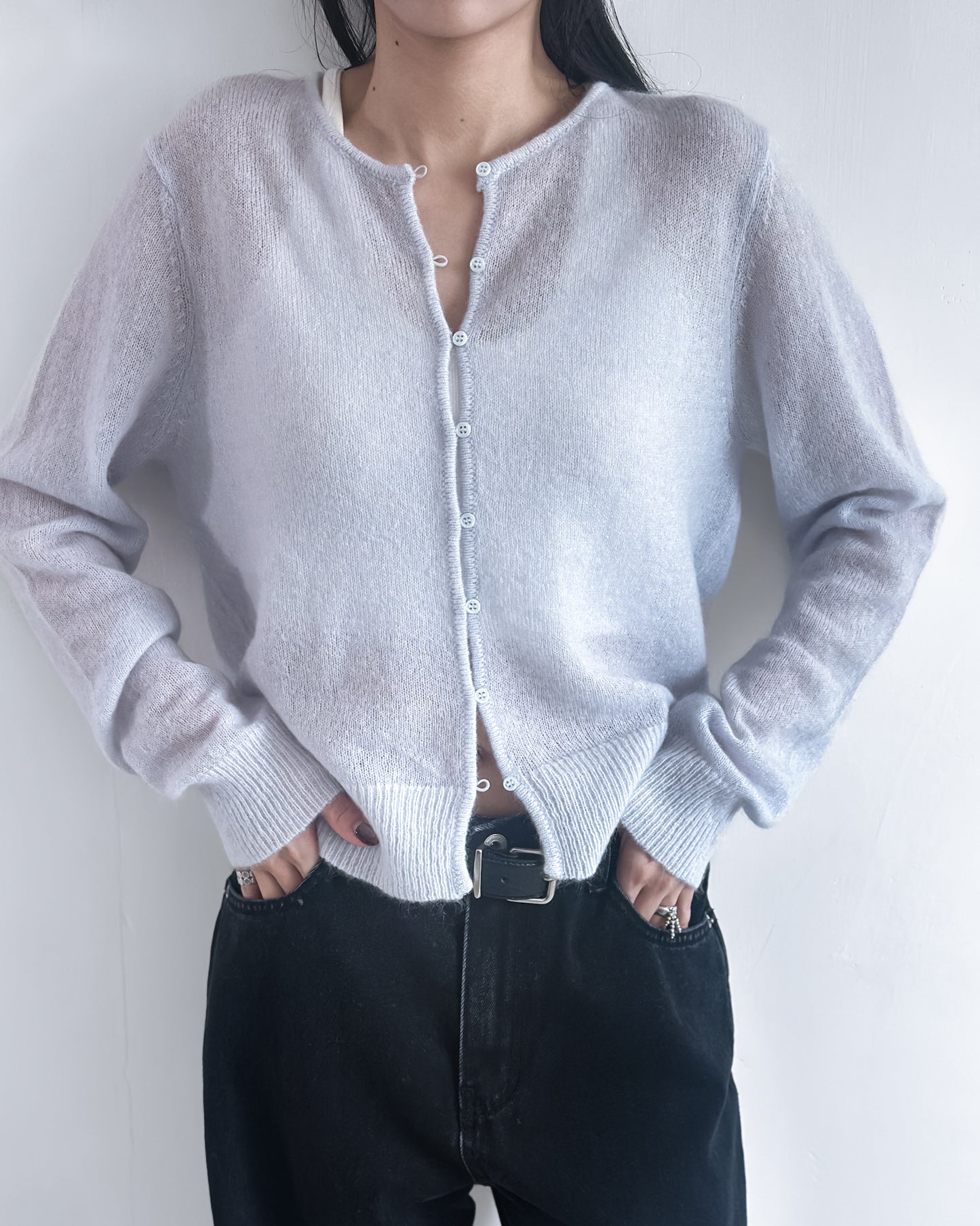 海馬毛混紡圓領薄外套 淺藍色