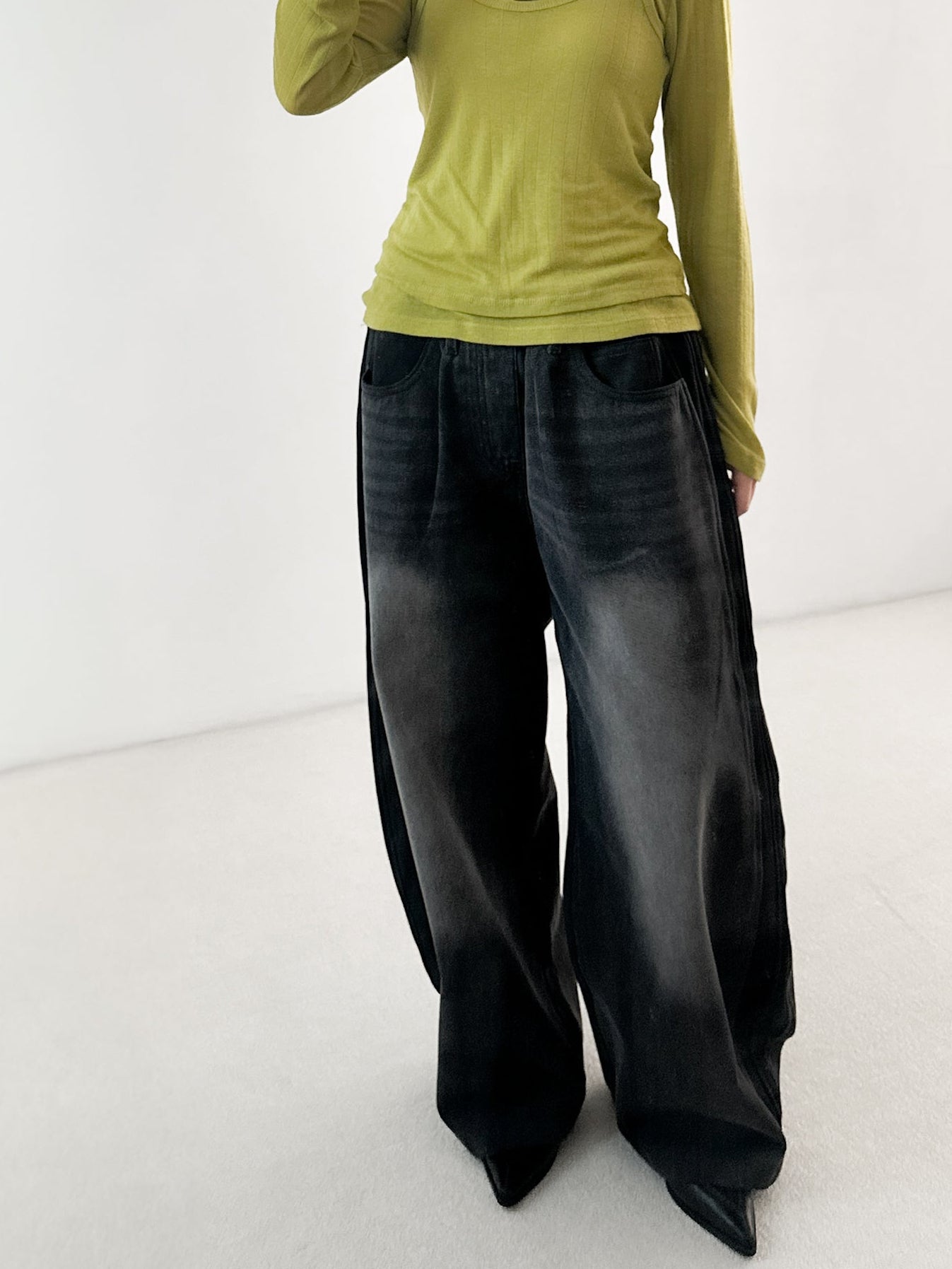 純棉拼布弧形牛仔褲