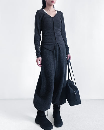 V領修腰彈性上衣 深灰色