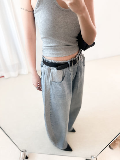 純棉拼布弧形牛仔褲