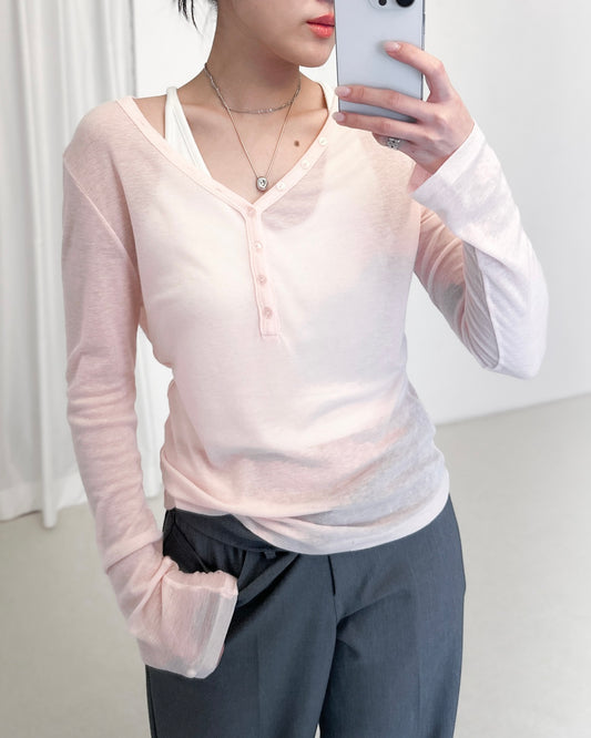 V領前後兩穿Tee - 粉紅色