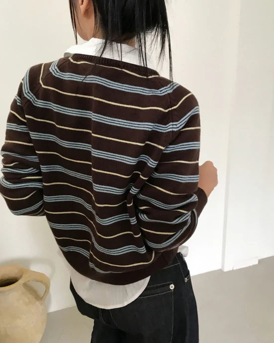 條紋開胸針織衫 啡色