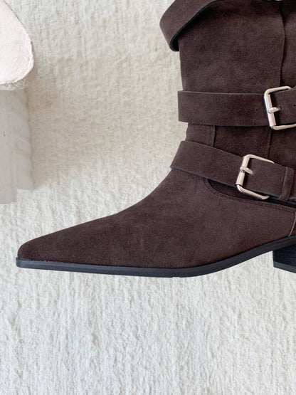 麂皮反褶尖頭靴