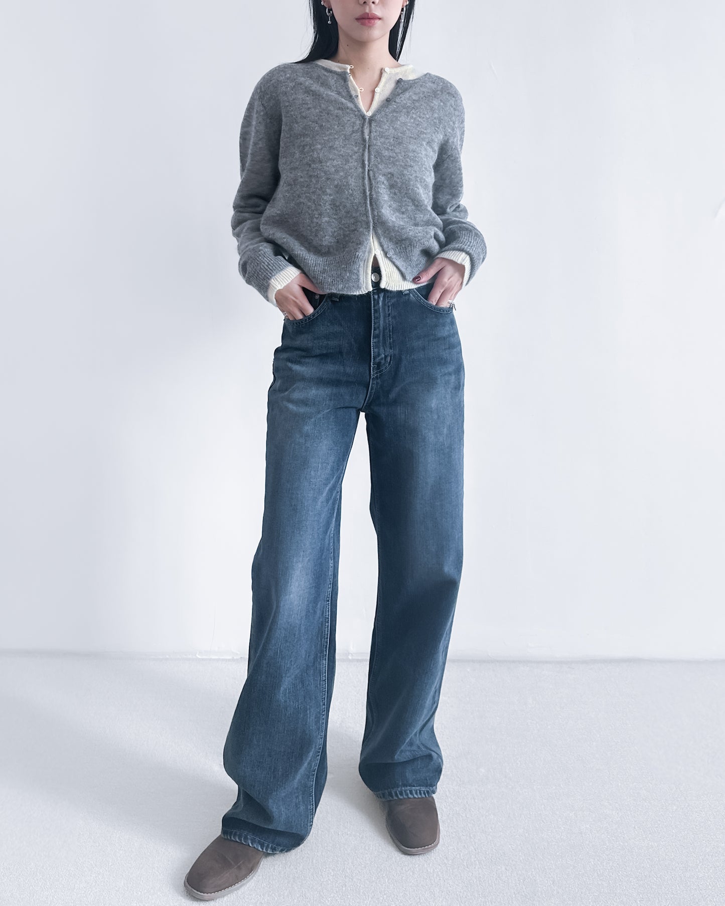 海馬毛混紡圓領薄外套 淺灰色