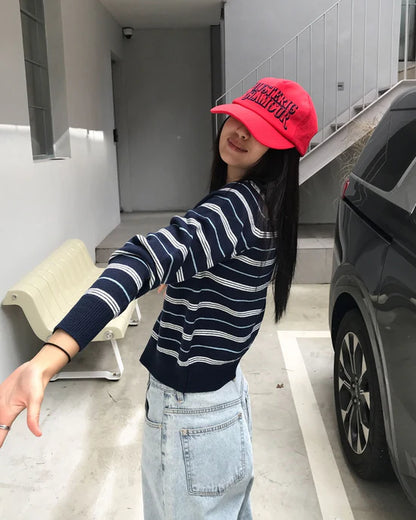 條紋開胸針織衫 深藍色