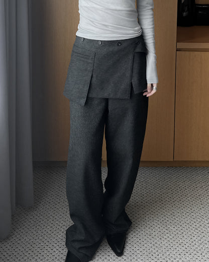 (可拆式裙片)薄羊毛直筒長褲 - 深灰色