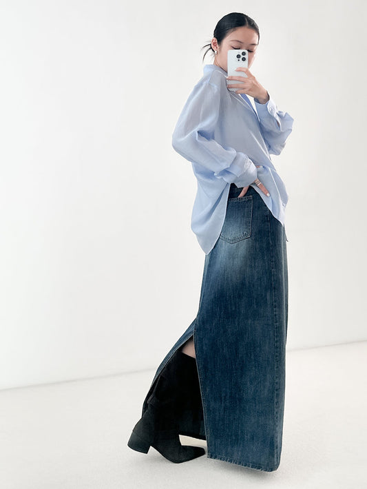 洗水深藍牛仔長裙