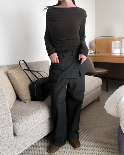 (可拆式裙片)薄羊毛直筒長褲 - 深灰色