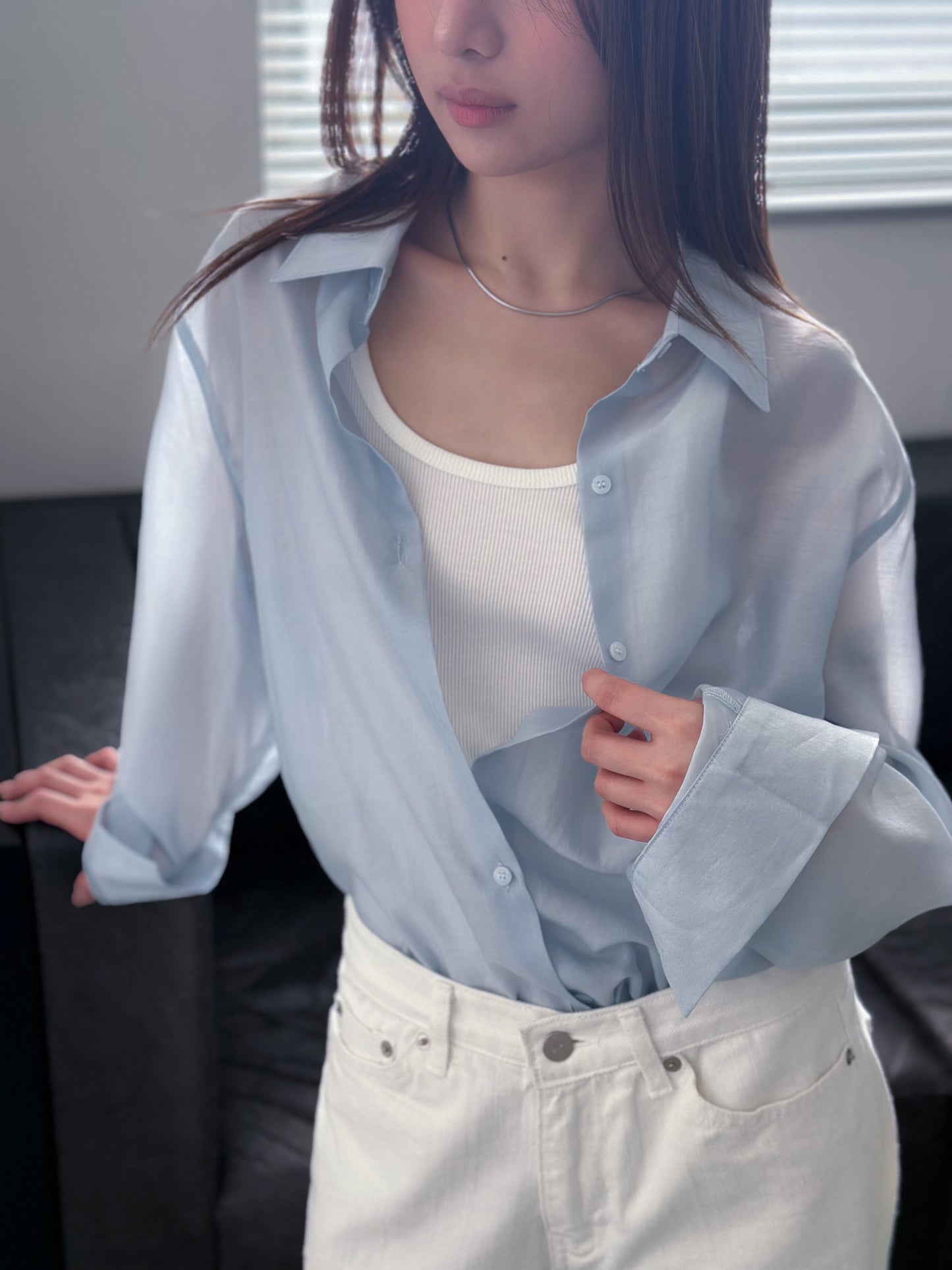 光澤感透薄恤衫 藍色