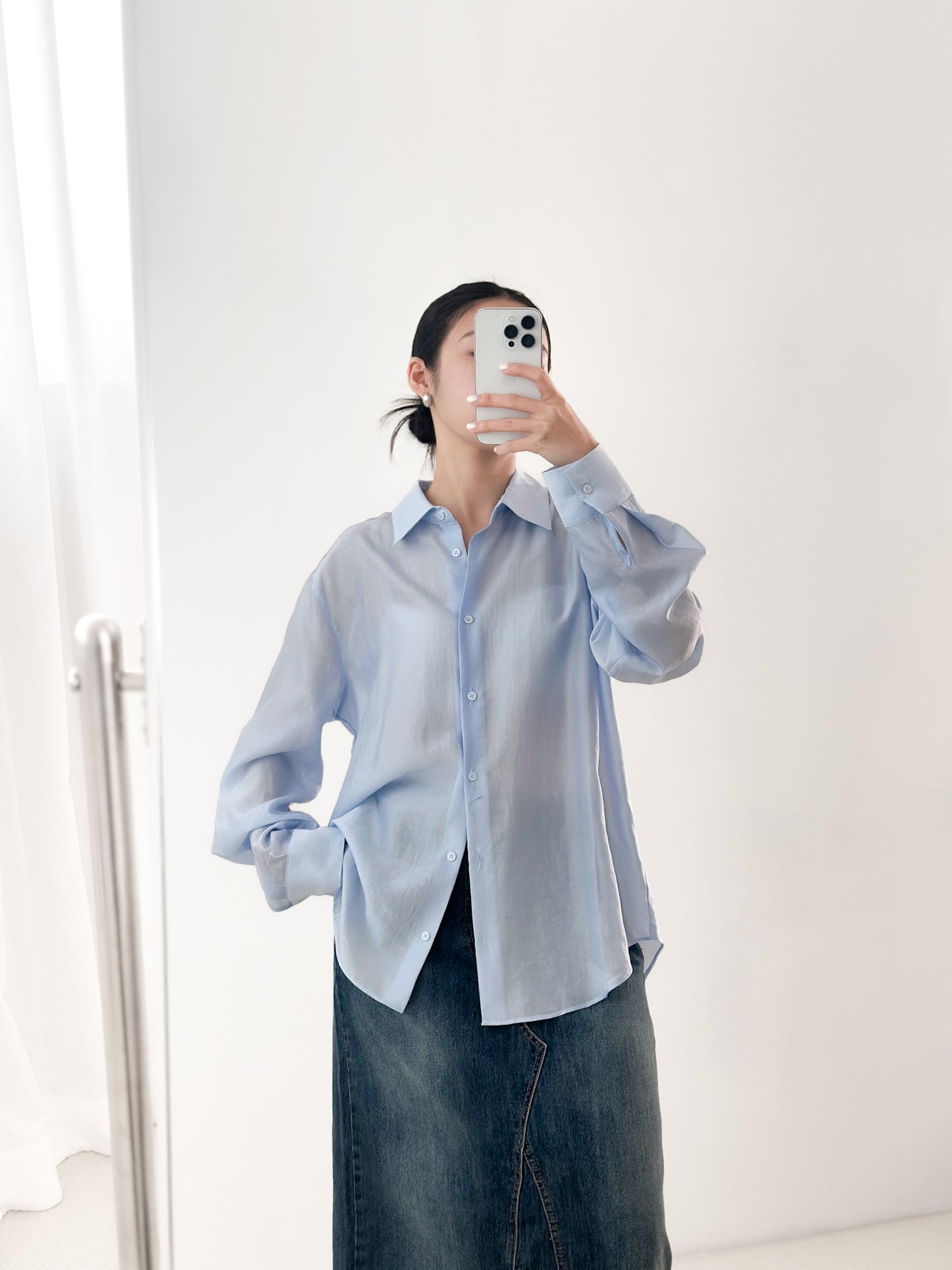 光澤感透薄恤衫 藍色