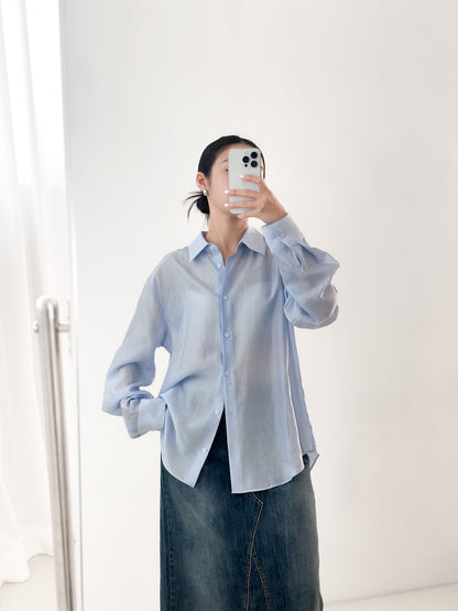 光澤感透薄恤衫 藍色