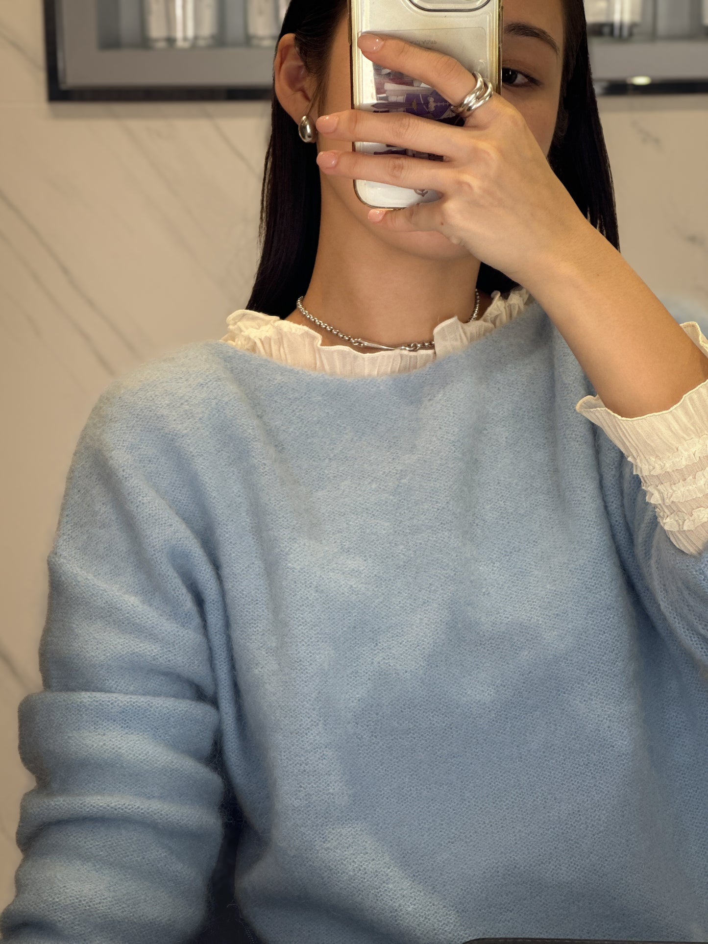 內外搭兩穿平領細褶上衣 米白色