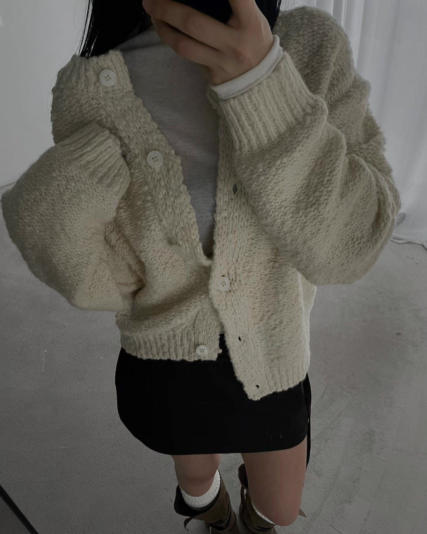 羊毛混紡圓領開胸外套 米白色