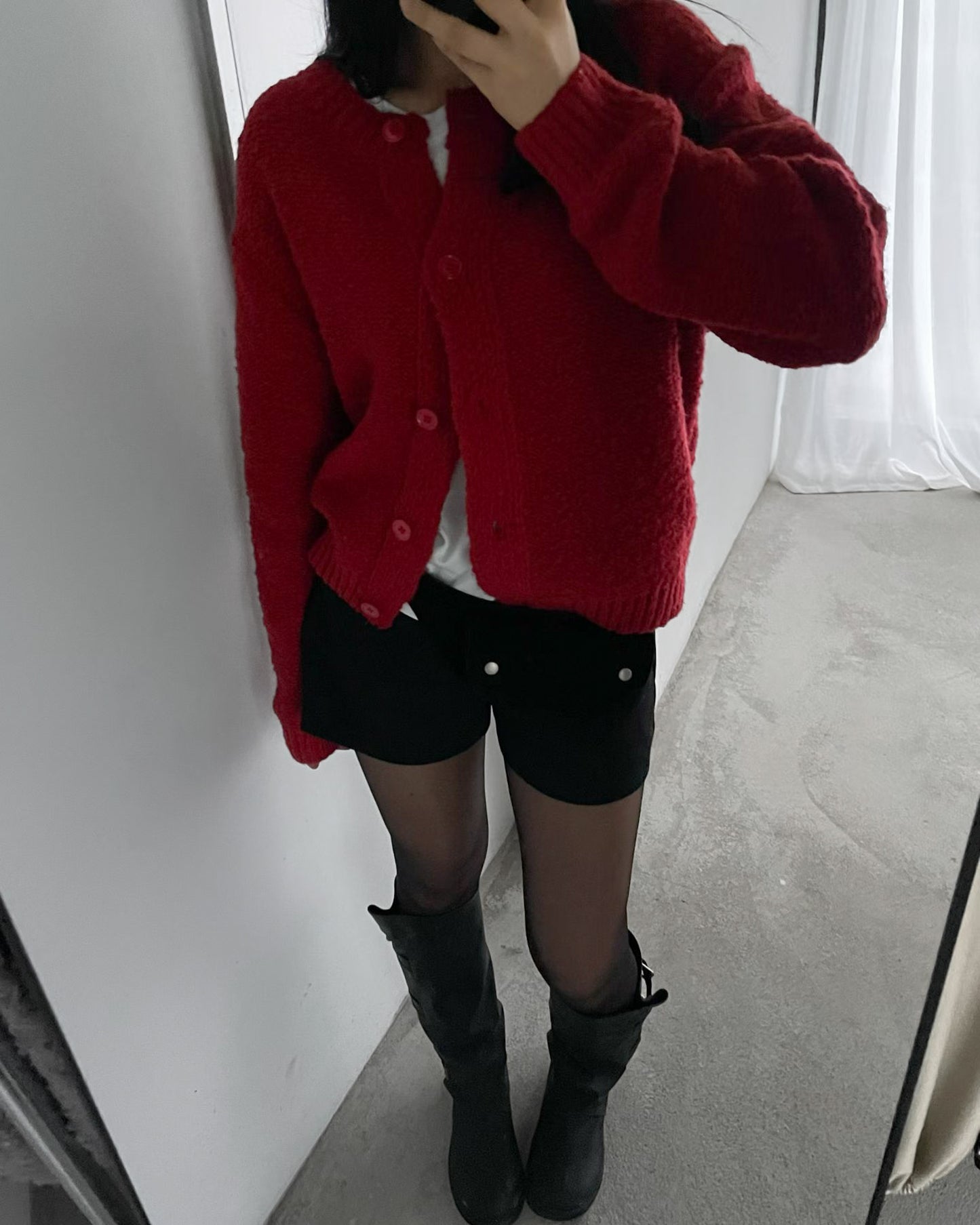 羊毛混紡圓領開胸外套 紅色