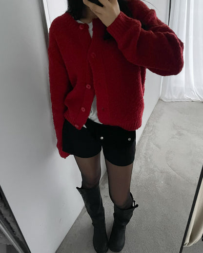 羊毛混紡圓領開胸外套 紅色