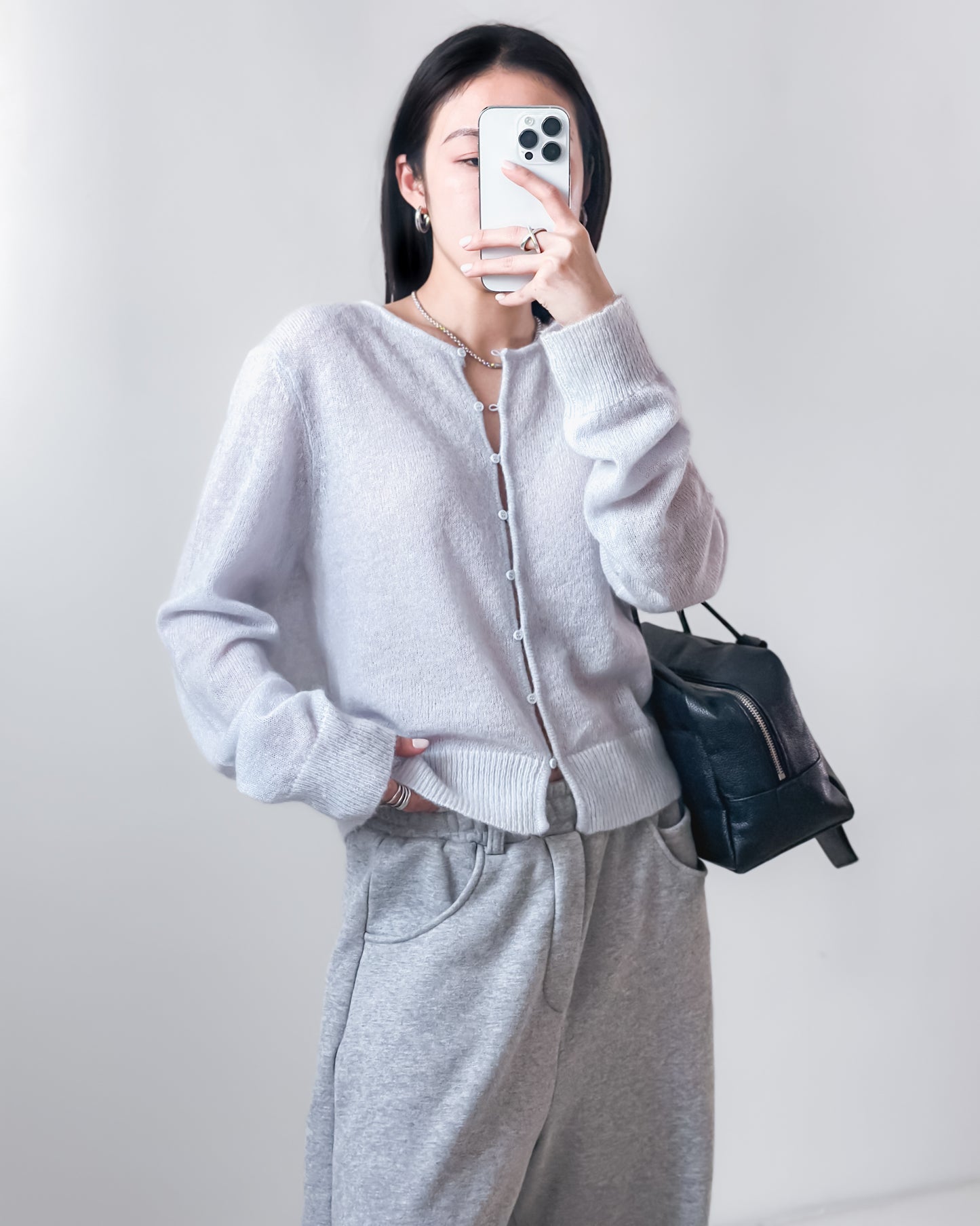 海馬毛混紡圓領薄外套 淺藍色