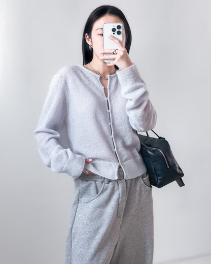 海馬毛混紡圓領薄外套 淺藍色