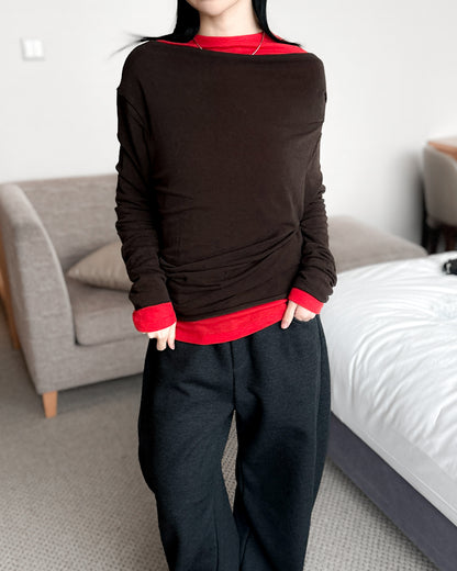 斜肩抓褶天絲上衣 - 深啡色