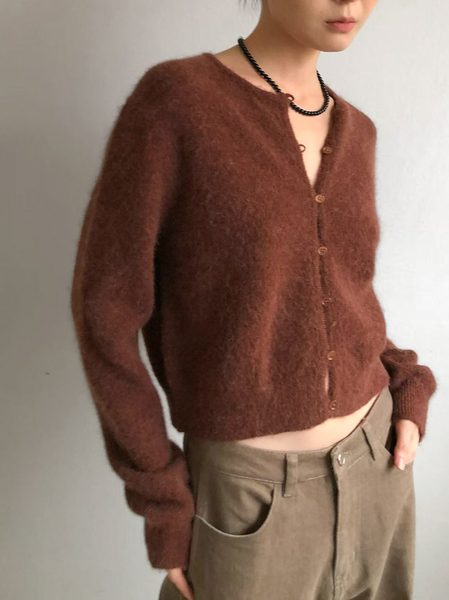 浣熊混紡冷繩圈鈕扣外套 棕紅色