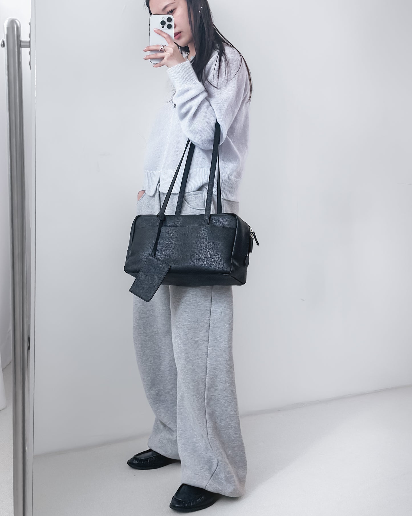 海馬毛混紡圓領薄外套 淺藍色