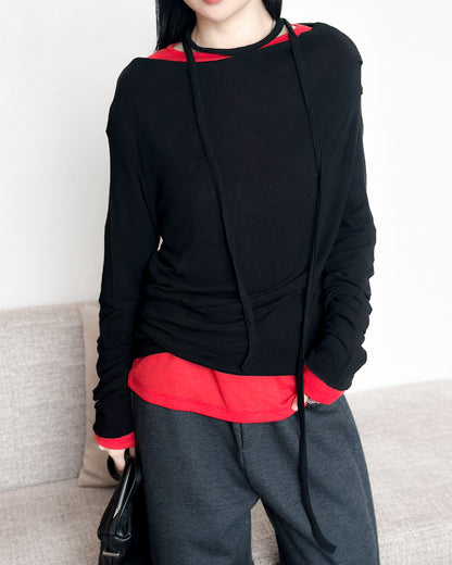 斜肩抓褶天絲上衣 - 深啡色