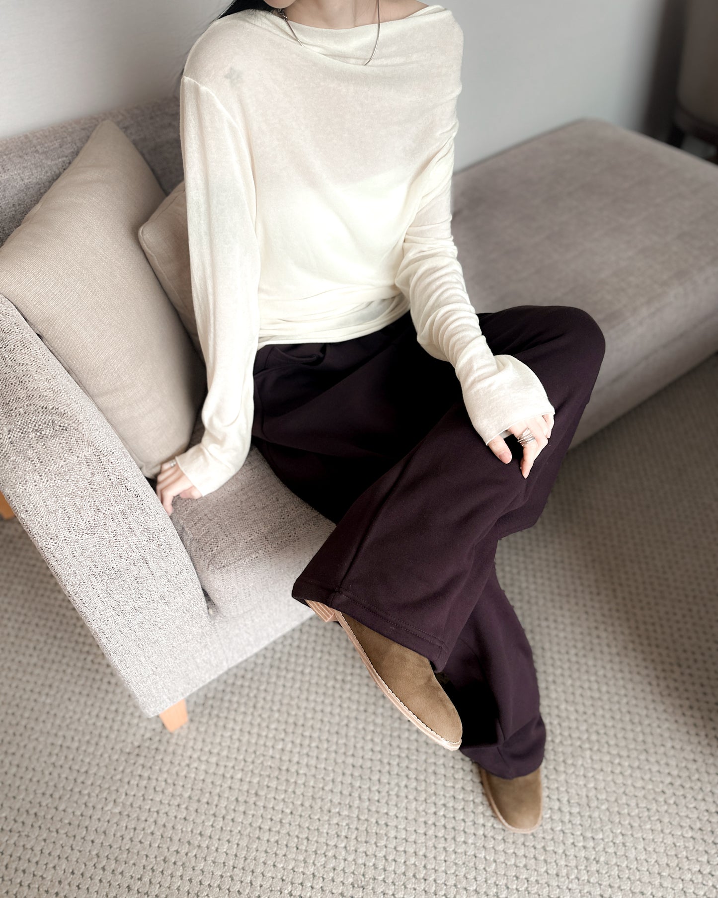 內舖棉舒適棉褲 - 酒紅啡