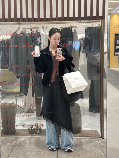 高質緞面蕾絲斜邊半長裙 白色