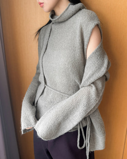 透薄羊毛背心連外套套裝 - 卡其色