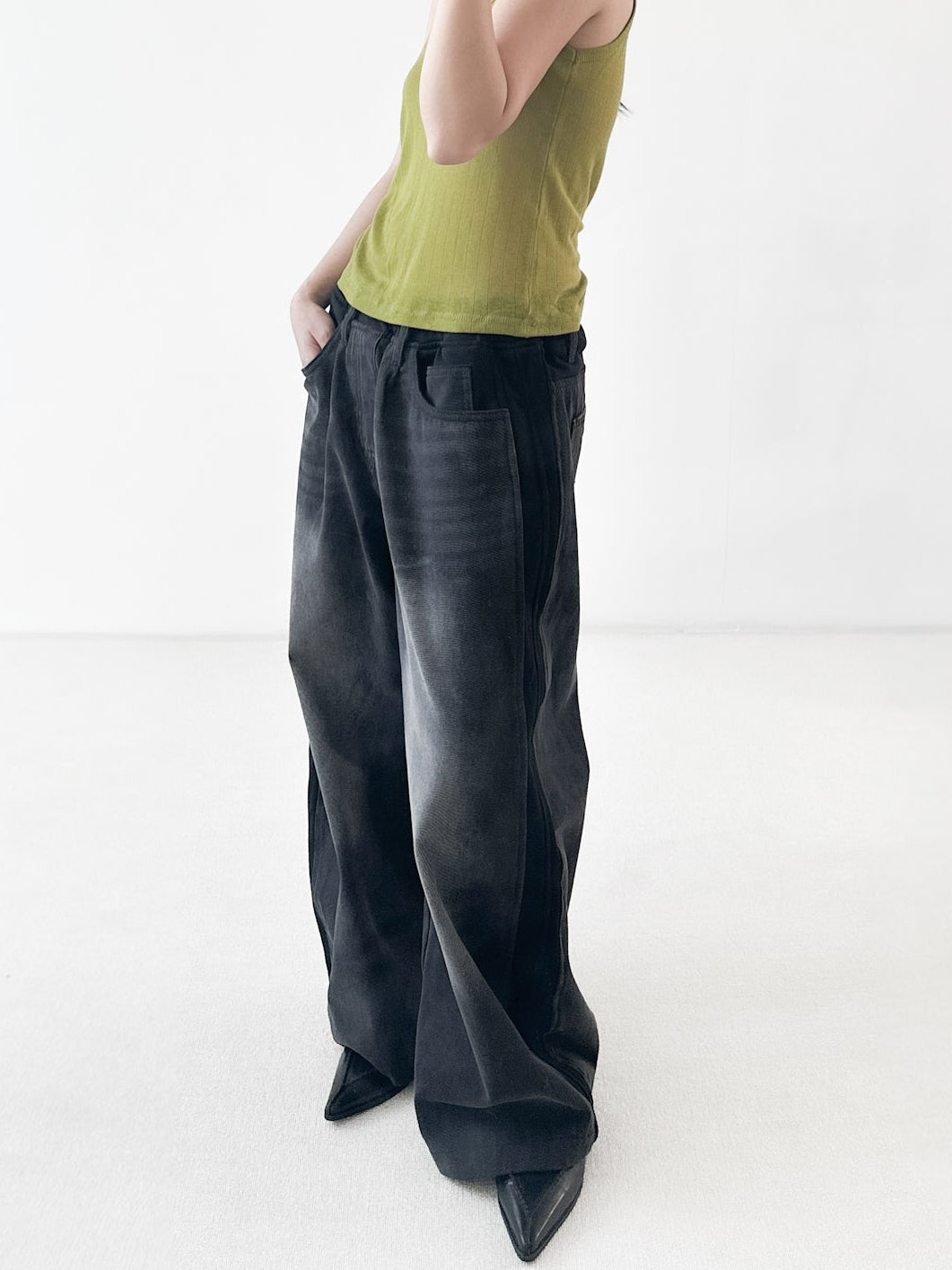 純棉拼布弧形牛仔褲