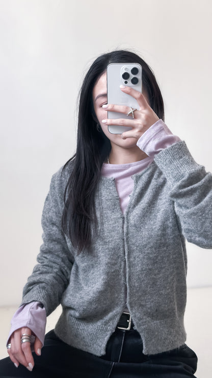 海馬毛混紡圓領薄外套 淺灰色