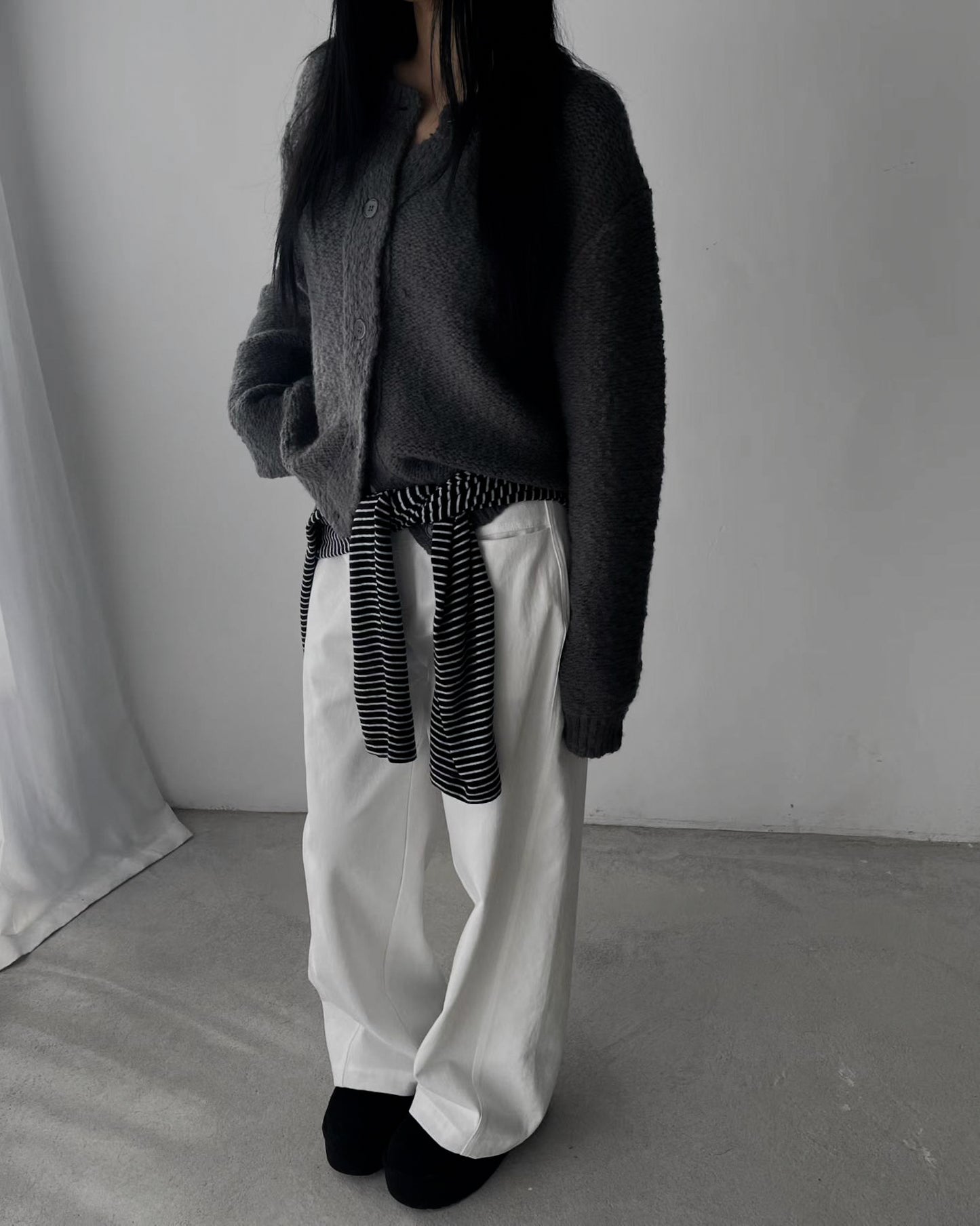 羊毛混紡圓領開胸外套 深灰色